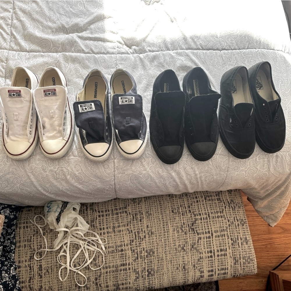 3 pairs of converse sneakers and 1pair of vans all are being sold as bundle $60